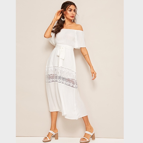 Off Shoulder Lace Detailed White Midi Dress - Picture 3 of 7